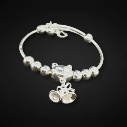 Sterling Silver Baby Bangle with Cat Face and Dual Bell Charm